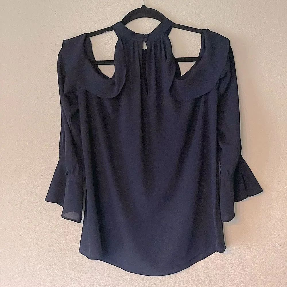 NWOT! Loft Open Shoulder Long Sleeve Navy Blouse. Size Small (fits like a med).